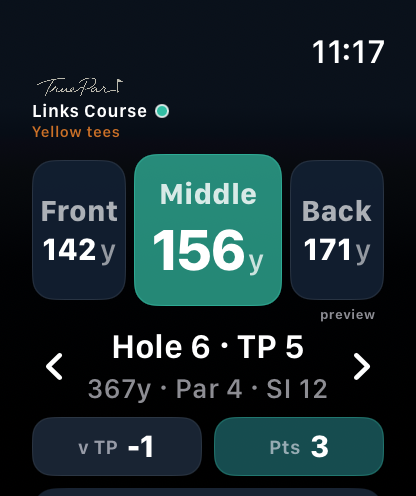 True Par Apple Watch app showing front, middle and back yardages, personal par and scoring. Simulator capture with illustrative round data.
