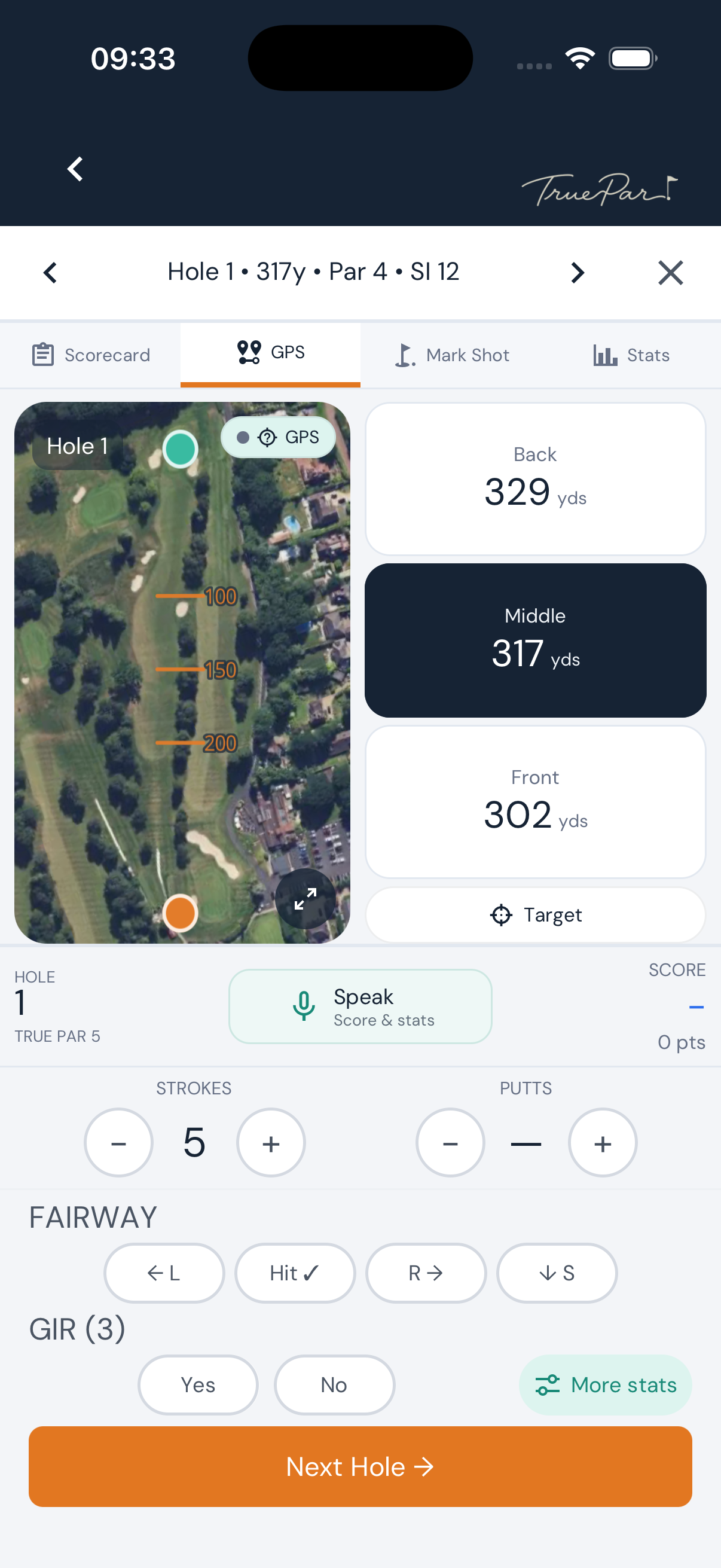 True Par satellite hole map with front, middle and back green distances