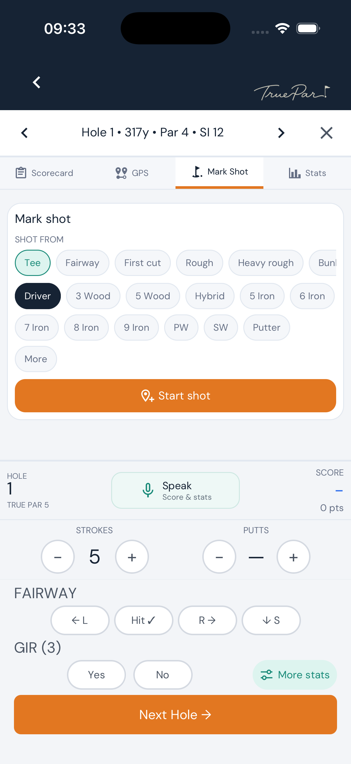 True Par shot tracking with club and lie selection