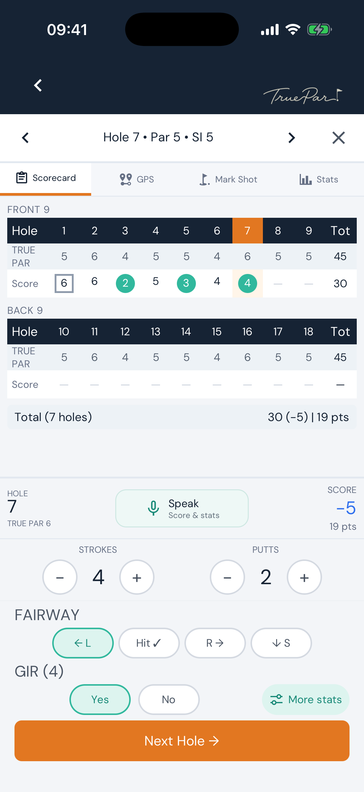 True Par scorecard with personal hole targets, Stableford and voice score entry